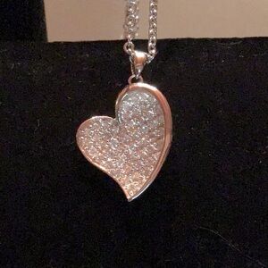 New Silver tone, Heart Necklace rhodium plated 16” w/ 1 3/4” ext. clear CZ’S